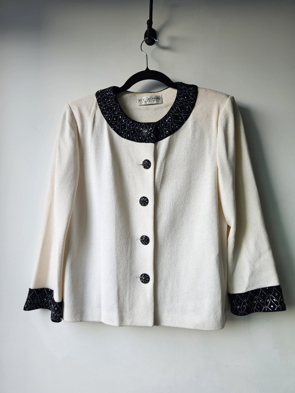 St.John Evening Cornsilk Santana Knit Black Embelished Buttons And Collar Blazer